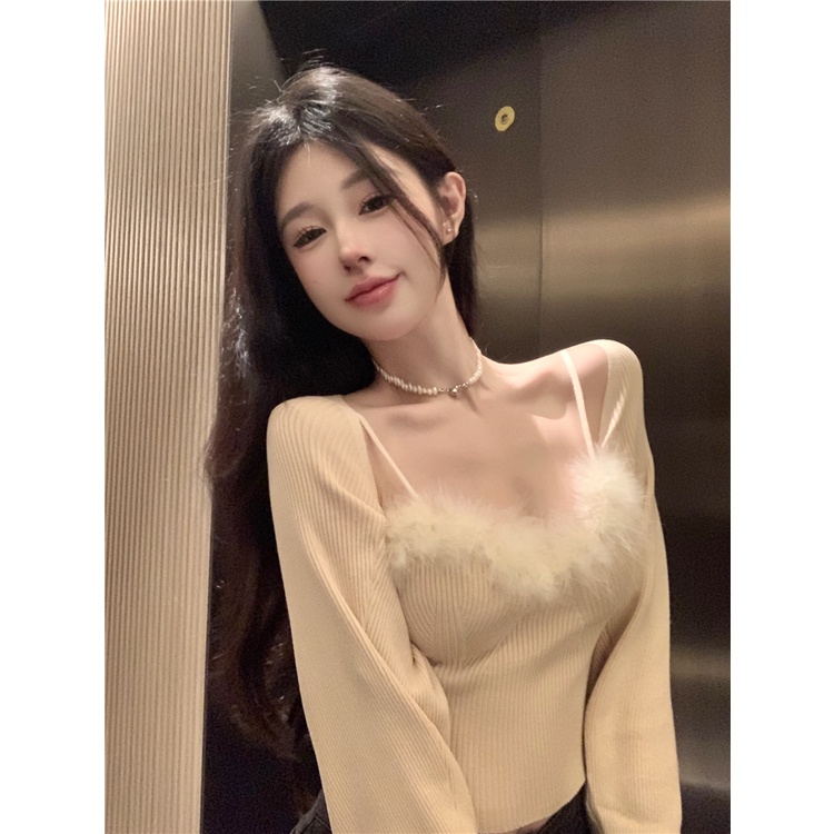 Cocory vn Set Áo Hai Dây + Áo Khoác Cardigan Dài Tay Thời Trang Nữ