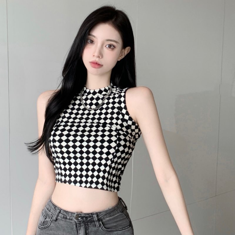 QKOOLE Áo tanktop họa tiết caro phong cách vintage Hàn Quốc dành cho nữ