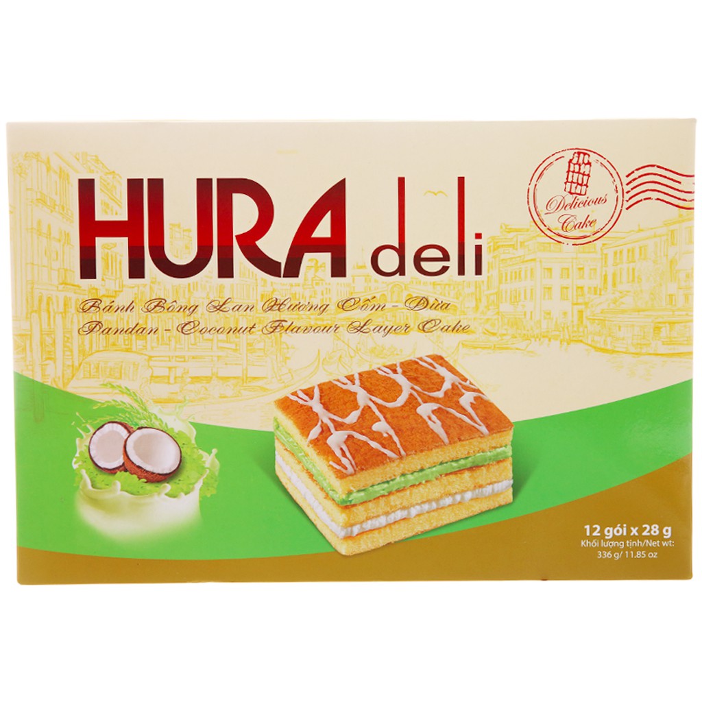 Bánh bông lan HURA Deli hương cốm hộp 336g (12 cái)