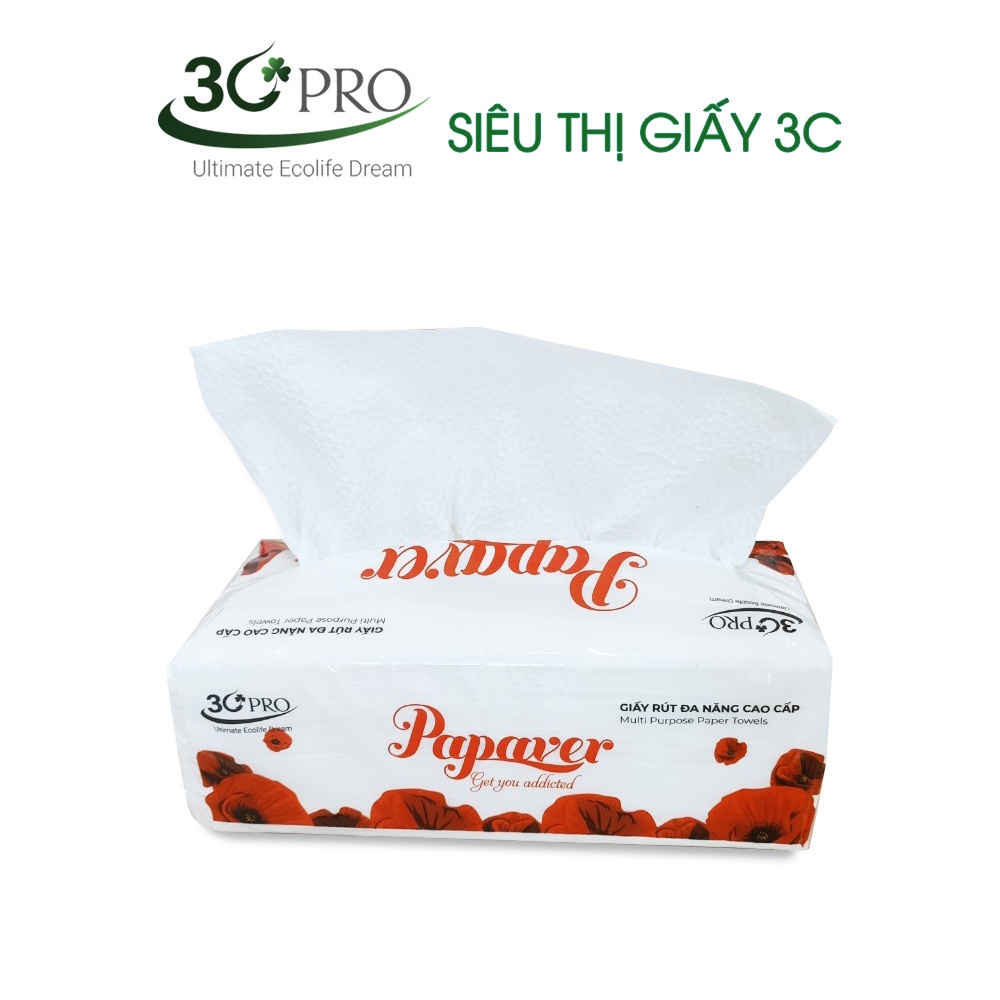 Khăn giấy rút đa năng cao cấp Papaver, 100% bột giấy nguyên sinh, 200 tờ 2 lớp siêu mềm mịn