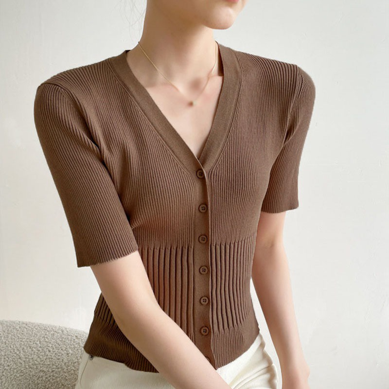 Áo Cardigan Dệt Kim Tay Ngắn Cổ Chữ V Màu Sắc Trơn Thời Trang Mùa Hè Dành Cho Nữ