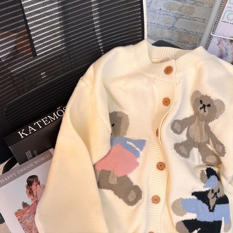 Áo Khoác Cardigan Dệt Kim Hoạ Tiết Chú Gấu Đáng Yêu  tao bao