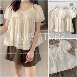 Set bộ áo babydoll tay bồng nơ lưng quần ống rộng cạp cso SE032