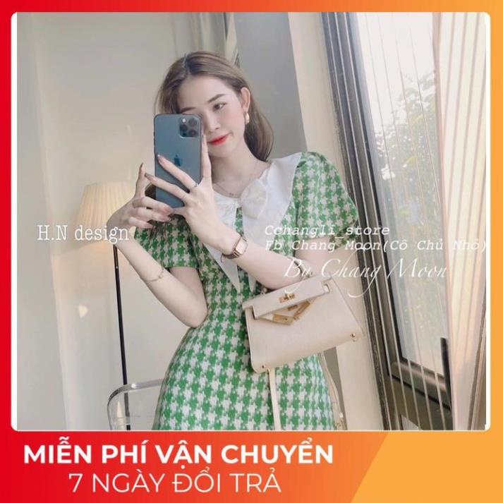[ 𝐅𝐑𝐄𝐄 𝐒𝐇𝐈𝐏 ] VÁY DẠ KẺ XANH PHỐI CỔ PI TER NƠ NHỎ SIÊU XINH