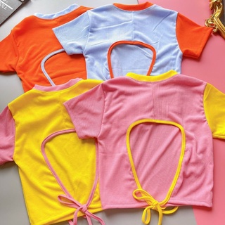 Áo croptop phối màu hở lưng cột nơ