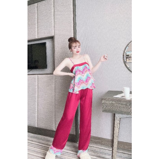 Bộ hai dây Áo voan, phối quần Satin, hoạ tiết siêu cưng