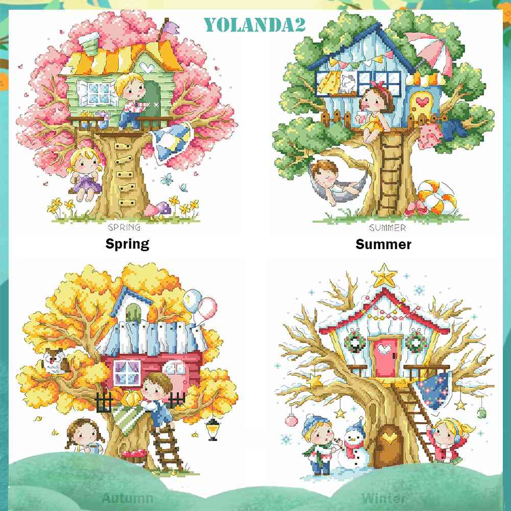 (canvas no printing)  Toàn Bộ Tranh Thêu Chữ Thập Họa Tiết Cây Bốn Mùa 14CT