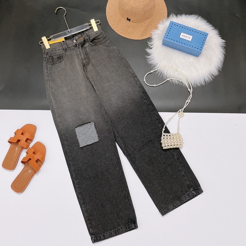 Quần bò ống rộng loang khói trơn và rách - Quần jeans ống rộng loang trơn và rách