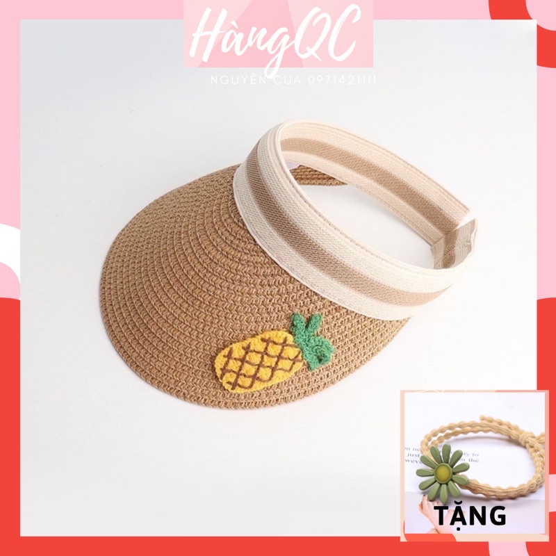 Mũ Cói Nửa Đầu Vành To Thêu Hoa quả cho bé