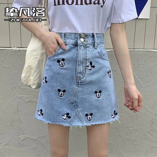 Chân Váy Vải Jean Thêu Hình Chuột Mickey Phong Cách Hàn Quốc Dễ Thương Cho Nữ