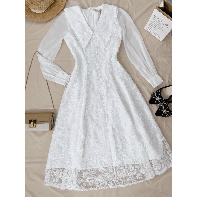 ĐẦM THIẾT KẾ REN CỔ LÁ SEN TAY DÀI TRẮNG TINH KHÔI SIÊU SANG HHP FASHION