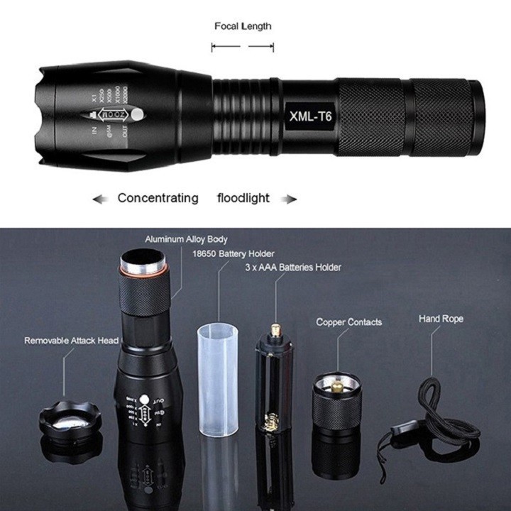 Đèn pin siêu sáng chiếu xa cao cấp XML-T6, Đèn Pin Cầm Tay T6 nhôm nguyên khối chống nước [Tặng pin &amp; Sạc Zoom X2000m ]