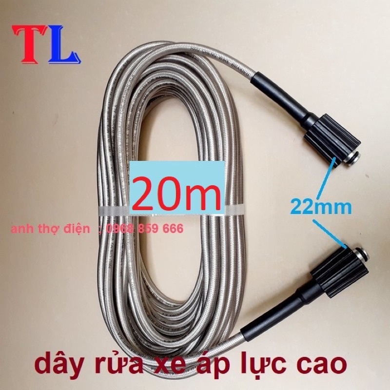 Dây rửa xe 10M,15M,20M áp lực cao 2 đầu to ren 22 tặng kèm khớp Đồng nối dây ren 22mm