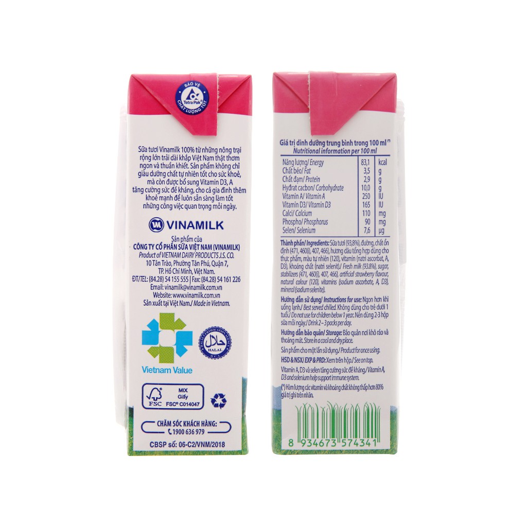 lock 4 hộp sữa tươi tiệt trùng Vinamilk Có đường/hương dâu/hương socola 180ml