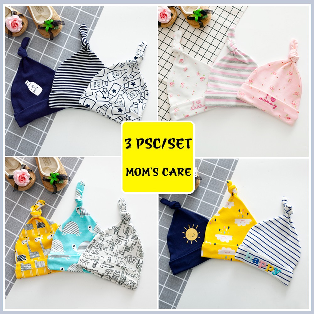 Set 3 MŨ sơ sinh MOMCARE 100% cotton mềm mịn, giữ ấm cho bé 0-6 tháng