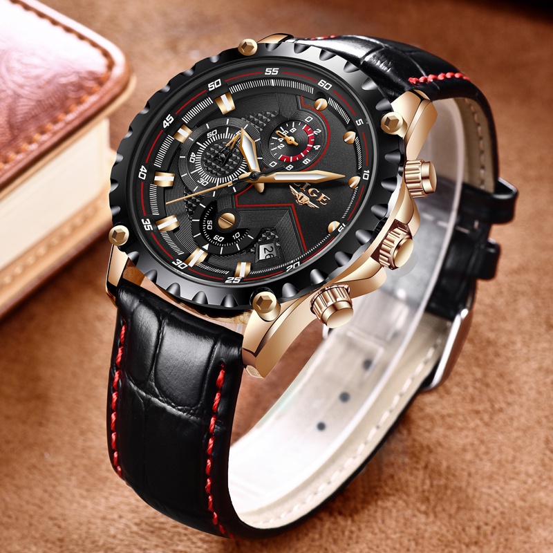 LIGE 9821 Men's Watch Military Sports Leather Analog Quartz Waterproof