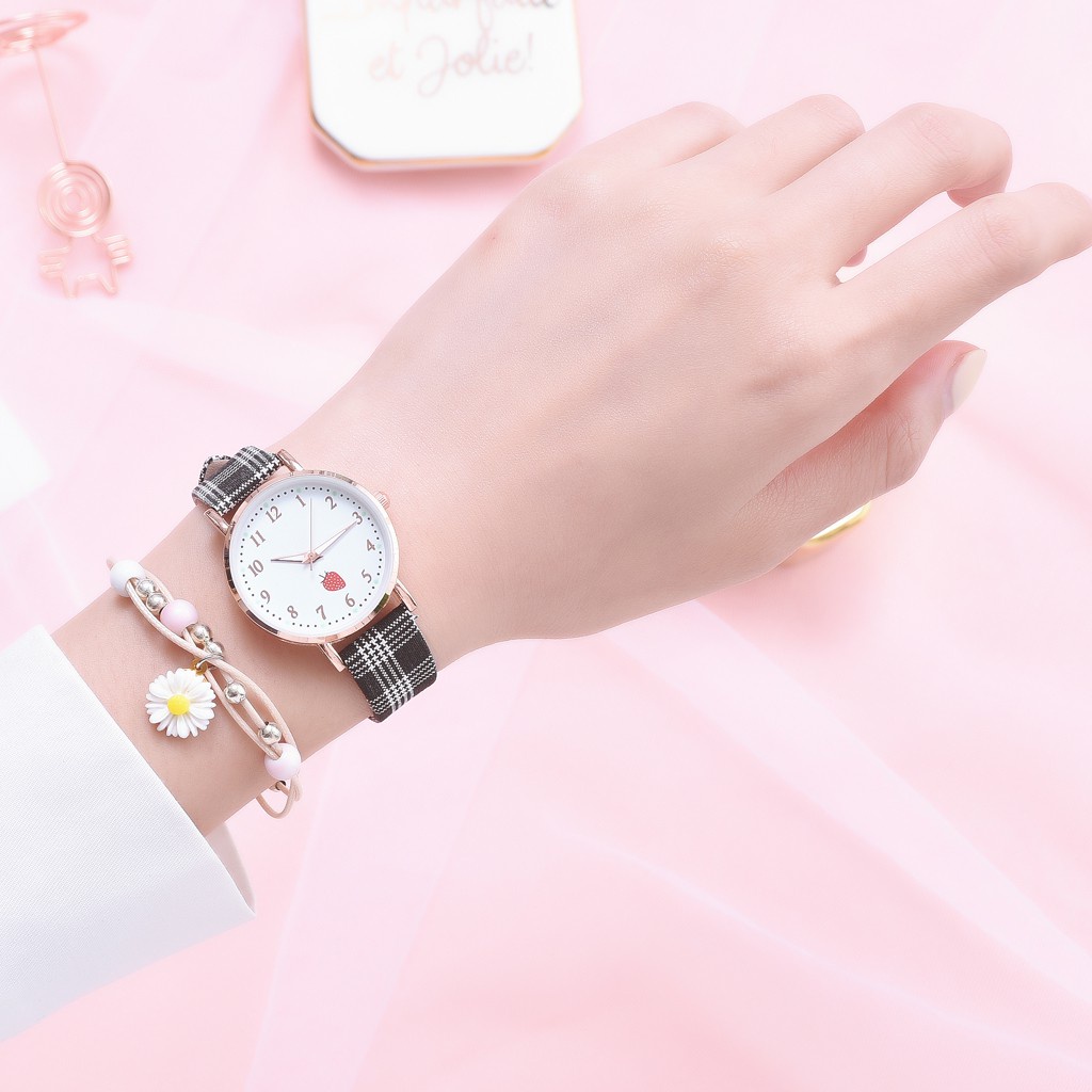 Kegllect [Hàng Có Sẵn] Đồng Hồ Đeo Tay Dây Da Kẻ Sọc Phát Sáng Phong Cách Retro Hàn Quốc Đơn Giản Cho Nữ Sinh