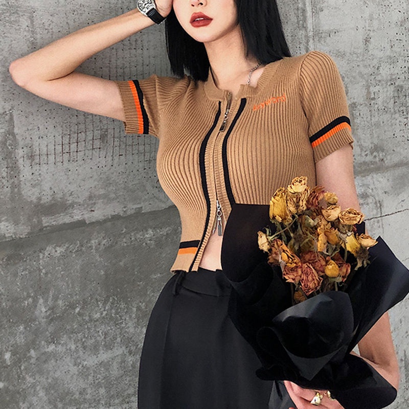 Áo Cardigan Dệt Kim Tay Ngắn Cổ Tròn Kẻ Sọc Phối Khóa Kéo Hai Chiều Thời Trang Mùa Hè Cho Nữ