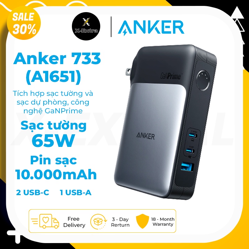 Sạc Anker 733 GaNPrime PowerCore 65W A1651 kiêm sạc dự phòng 10.000mAh hổ trợ sạc nhanh máy tính - Bh 6 Tháng