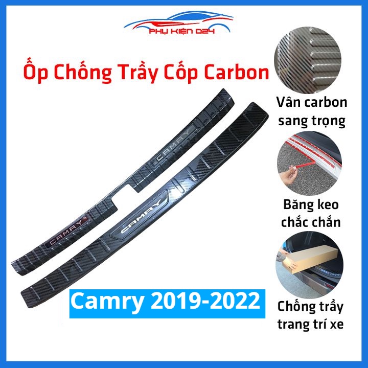 Ốp chống trầy cốp Camry 2019-2020-2021-2022 thép không gỉ vân Cacbon bảo vệ xe chống va đập