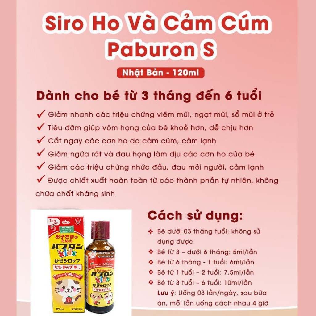 Siro ho Paburon S Nhật Bản 120ml dùng được cho bé từ 3 đến 6 tháng