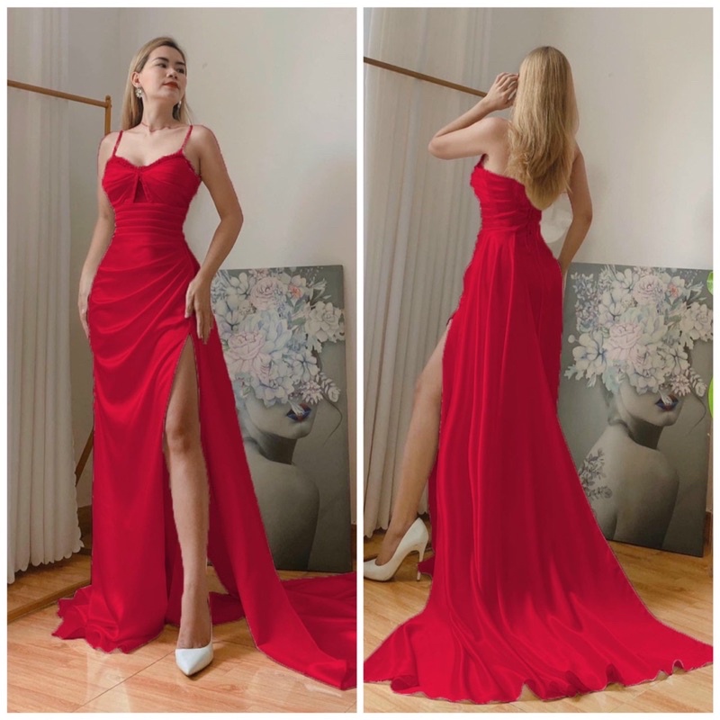 MS1253y ĐẦM DẠ HỘI 2 DÂY PHỐI TÀ NGOÀI KẾT CƯỜM