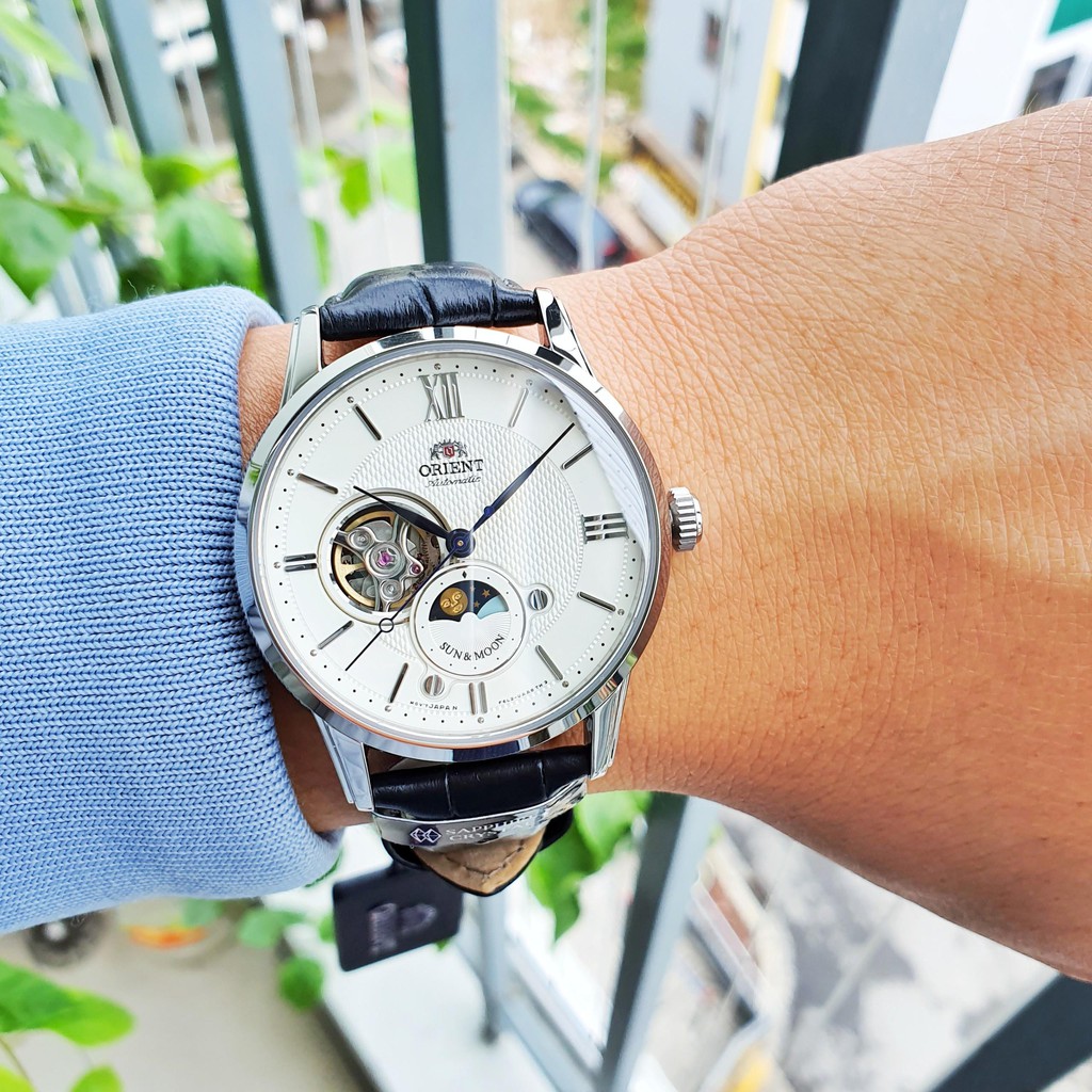 Đồng hồ Nam Orient Sun Moon Gen 4 Hở tim RA-AS0005S10B Automatic Size 42mm,Mặt trắng-Máy cơ tự động-Dây da đen cao cấp