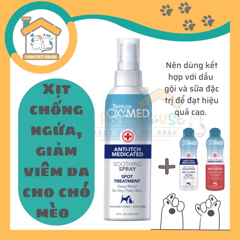 Xịt Chống Ngứa, Giảm Viêm Da Chó Mèo Oxymed Anti-Itch Soothing Spray 236ml