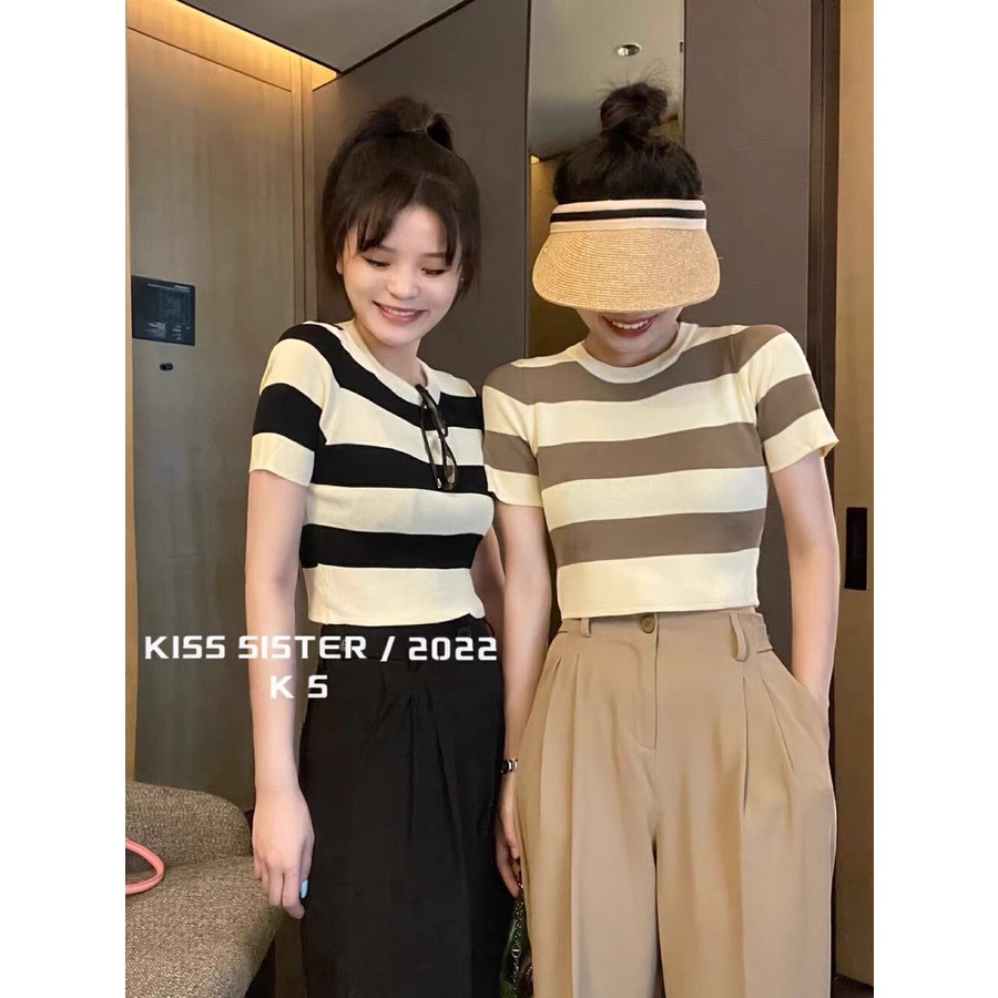 Áo croptop cộc tay kẻ ngang chất len Hàng Quảng Châu loại 1