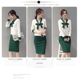 Set váy len cổ nơ