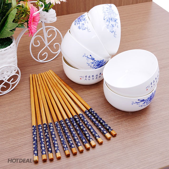 Bộ 6 chén sứ hoa văn kèm đũa sang trọng