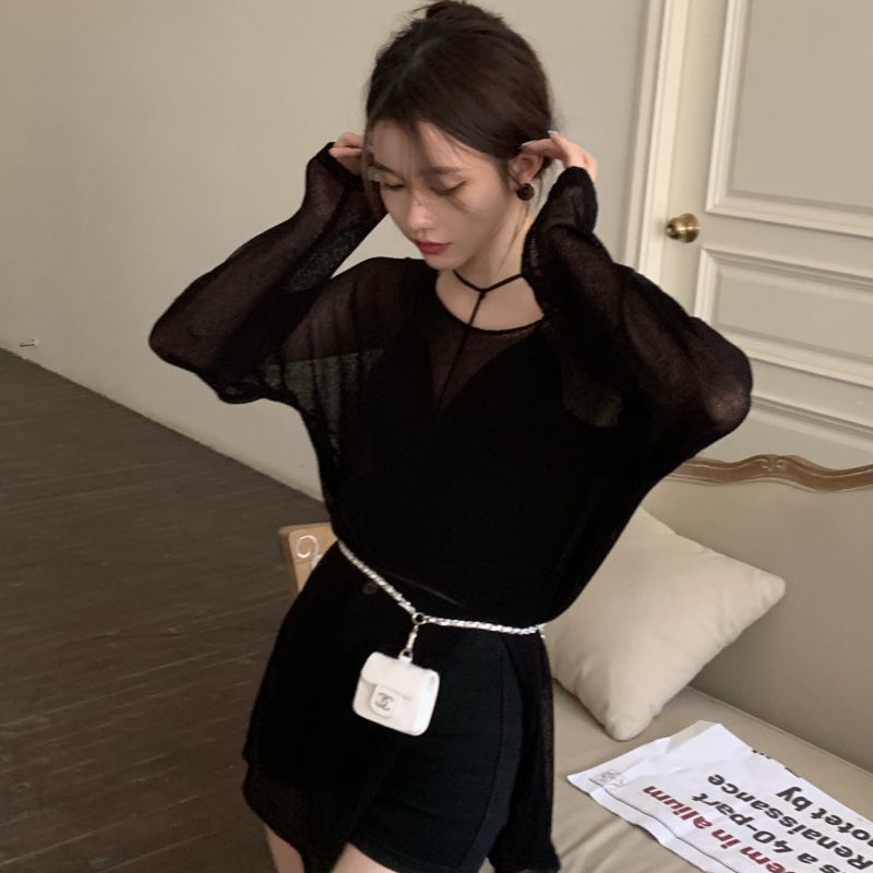 Áo thun IELGY vải mỏng màu đen xuyên thấu dáng rộng chống nắng phong cách Hàn Quốc cho nữ