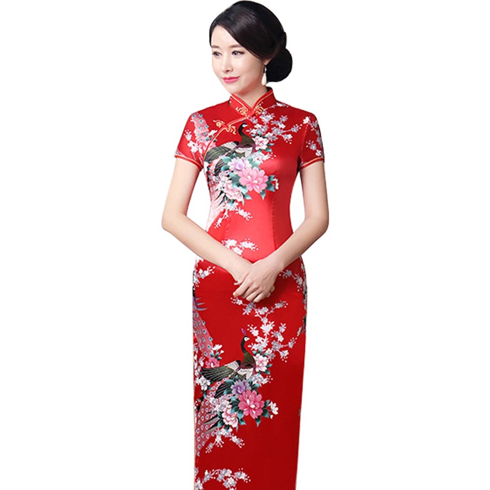 Peacock Print Women Chinese Long Cheongsam Bridesmaid Evening Dress | BigBuy360 - bigbuy360.vn