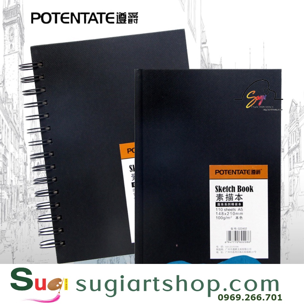 Sổ vẽ chì Potenate lò xo đen - Sổ vẽ phác thảo chì, chì màu, phấn , sáp ... Potentate, Spiral Hard Cov