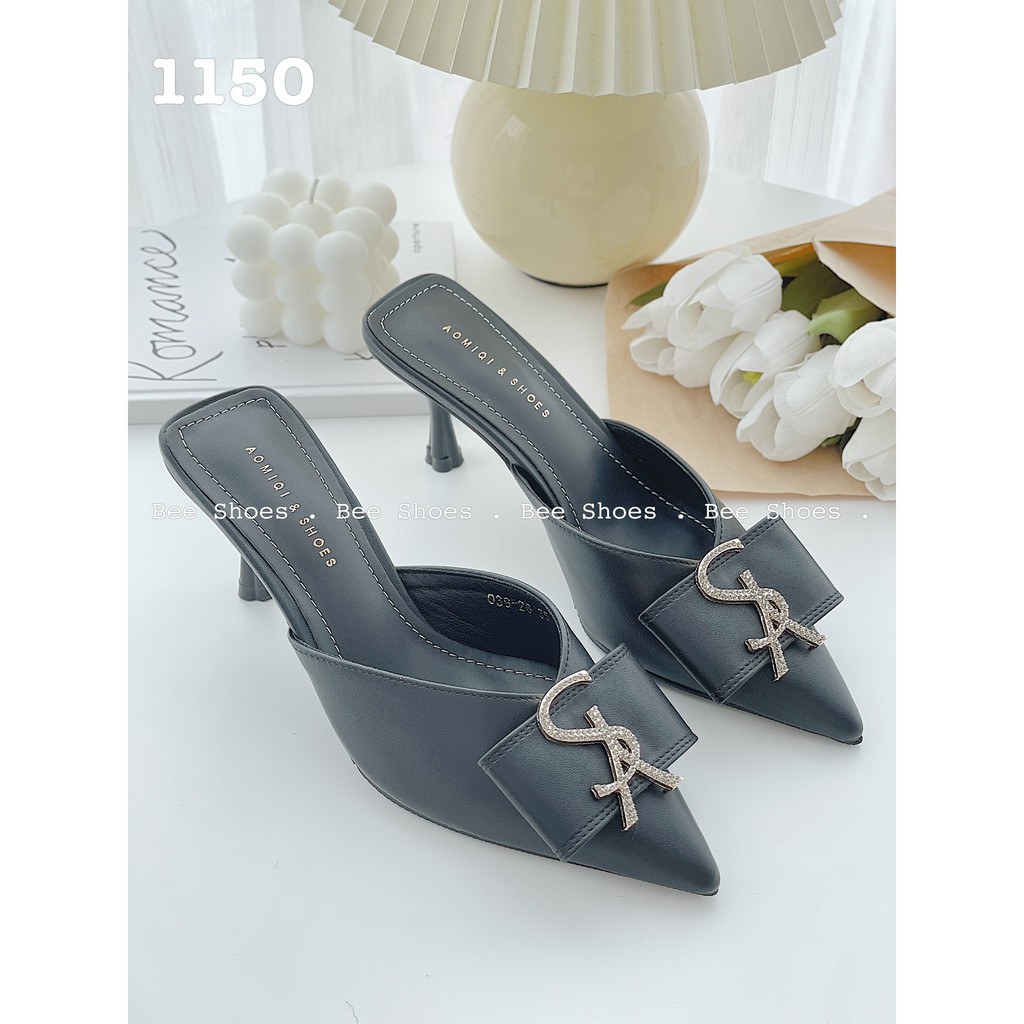 BEESHOES - GIÀY SỤC CAO GÓT NỮ MŨI NHỌN HỌA TIẾT NƠ - GIÀY SỤC CAO GÓT NỮ GÓT NHỌN CAO 7 PHÂN SẴN MÀU ĐEN - KEM 201150