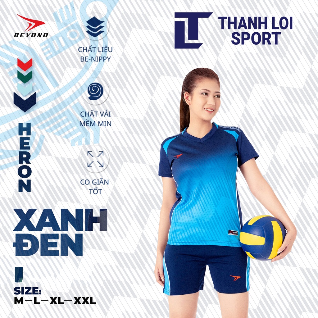 Bộ bóng chuyền nam, nữ Beyono Heron Xanh Đen vải Be-Nippy mềm mại,  thoáng mát, thấm hút mồ hôi