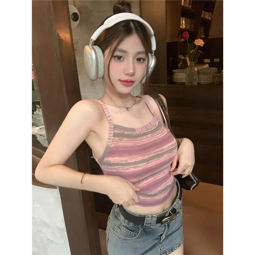 Lalisas Áo Croptop Dệt Kim Hai Dây Ôm Dáng Họa Tiết Gia Vị Ngọt Ngào Cho Nữ