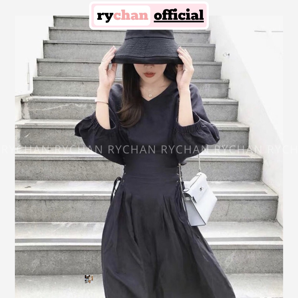 Đầm Xoè Midi Cổ V Đan Eo Mắc Cáo Tay Phồng - DX862