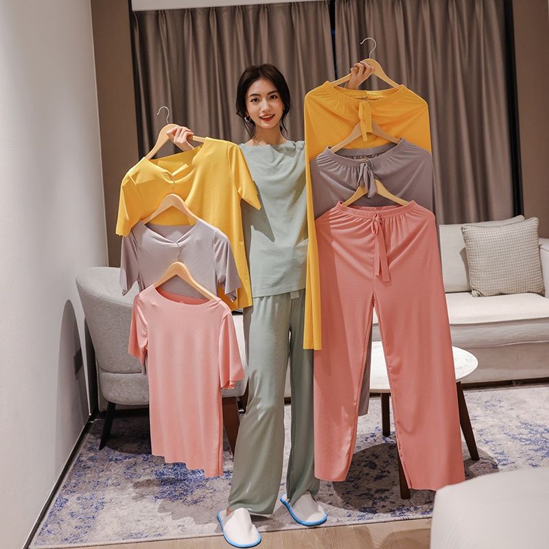 Bộ Đồ Ngủ Áo Thun Tay Ngắn Phối Quần Dài Ống Rộng Vải Lụa Mát Thời Trang Xinh Xắn Cho Nữ