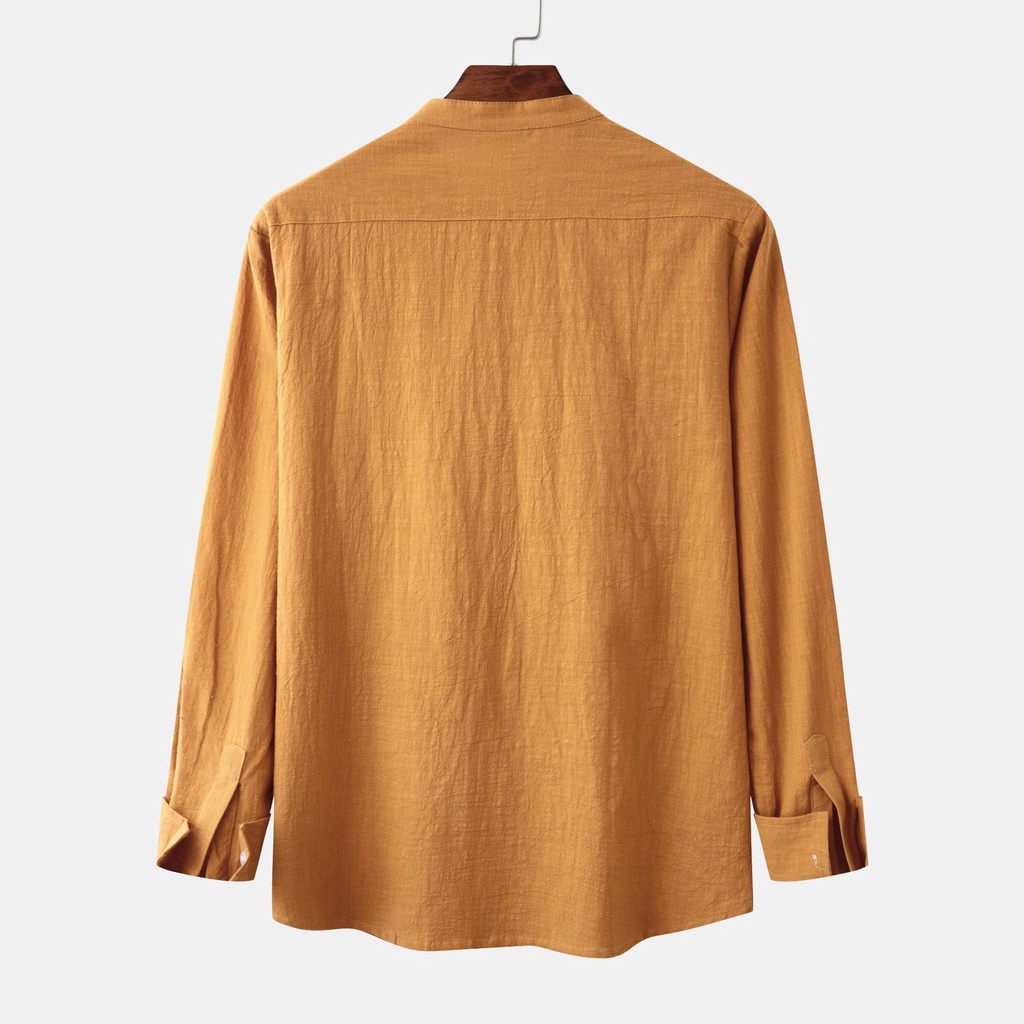 Áo Sơ Mi Vải Lanh Trơn Tay Dài Cổ Đứng Dáng Rộng Màu Trơn Có Túi Plus Size Trắng / Xanh Navy / Khaki / Xanh Dương Nhạt / Nâu / Đen Thời Trang Mùa Hè 2022 Cho Nam