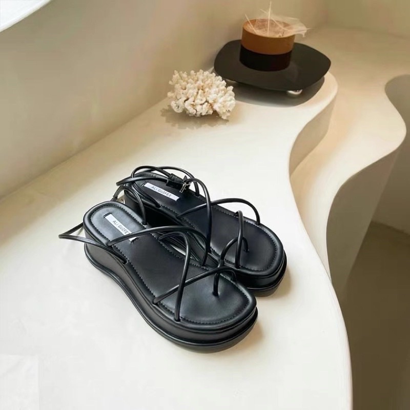 Sandal Đế Cao 5cm Dây Đan Sợi Chỉ Giày Đế Xuồng Xỏ Ngón Quai Mảnh L1