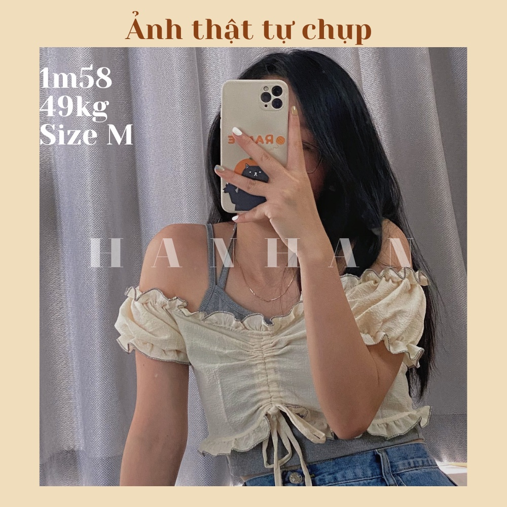 Set áo trễ vai croptop kèm áo dây hack dáng