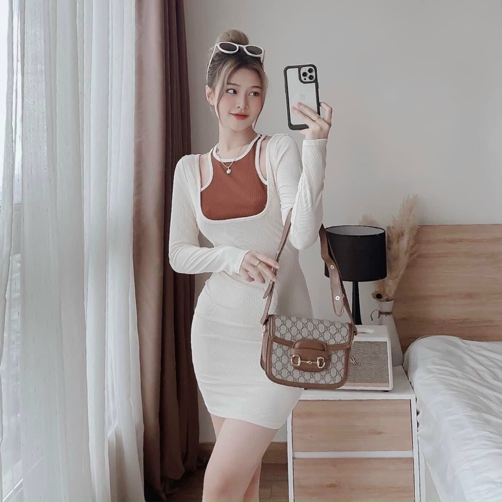 Đầm gân nữ dáng body ngắn phối yếm cổ 2 dây màu cổ vuông hot