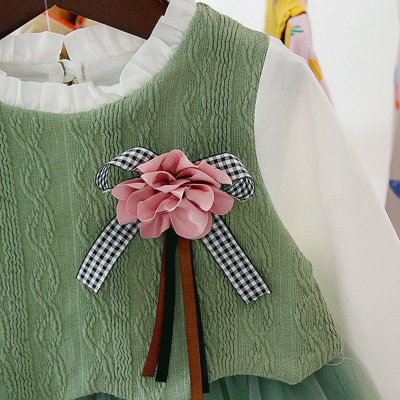 Qiaoqiao Đầm Công Chúa Tay Dài Giả Hai Mảnh Thời Trang Mùa Thu Cho Bé Gái