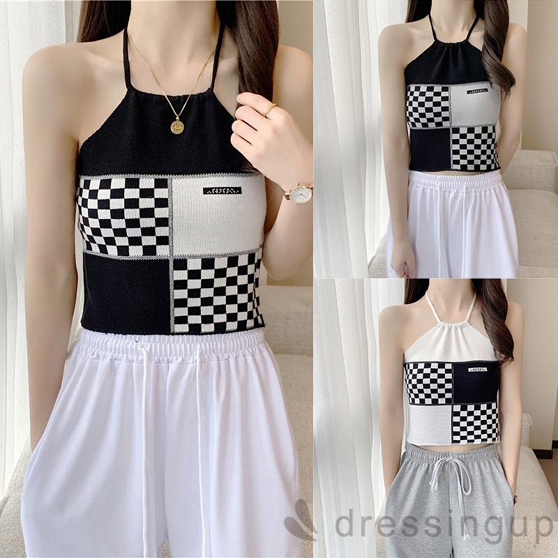 Áo Tank Top Hở Lưng Phối Họa Tiết Caro Thời Trang Cho Nữ