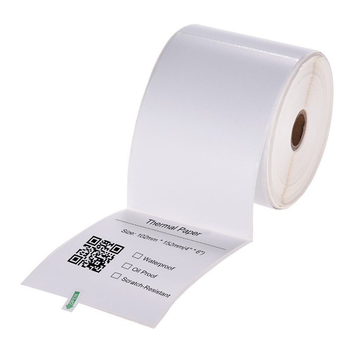 Giấy In Nhiệt 100x150 Khổ A6 Cuộn 350 Tem Sẵn Lớp Dán