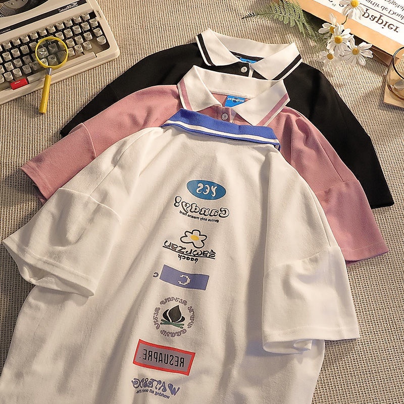 Áo Thun Polo Ngắn Tay Dáng Rộng Vải Cotton In Họa Tiết Dễ Thương Thời Trang Mùa Hè Cho Nữ