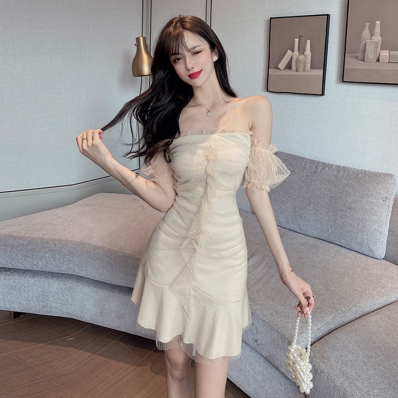 Bắn thật sự◆Đầm Ngắn Trễ Vai Ôm Dáng Phối Lưới Phong Cách Thời Trang Mới 2022