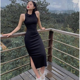 [Ảnh thật] Đầm body thun gân xẻ tà