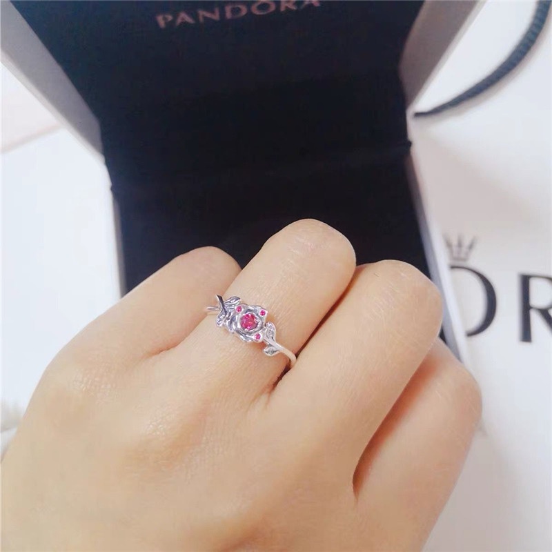 PANDORA Nhẫn Mạ Bạc 925 Đính Đá Zircon Hình Hoa Hồng Công Chúa disney Cho Nữ